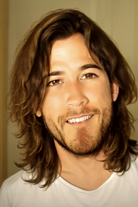 <lora:Markiplier:1> 1boy, male focus, solo, facial hair, shirt, white shirt, teeth, stubble, blurry, beard, portrait, brown hair, long hair,looking at viewer, parted lips, brown eyes