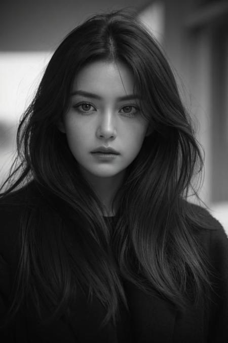 A portrait of  a woman with windswept hair and a gaze that pierces through the grayscale. Her eyes hold a depth of emotion, reflecting a soulful melancholy or a fierce determination. The chiaroscuro effect of the lighting accentuates the contours of her face and the texture of her disheveled hair. The black backdrop contrasts sharply with the lighter tones of her skin and coat, creating a stark yet intimate composition. Her expression, caught between intensity and vulnerability, dominates the frame, inviting the viewer to ponder the story behind her eyes.