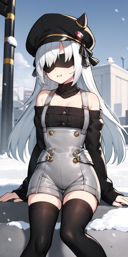 masterpiece,((best quality)),extremely detailed,Illustration,(( station, winter, sunshine,traffic light, bird, steam, snowing)),
adikia_\(swfz\), adikia_\(sifu\),
1girl,solo, sitting, white_hair, long_hair, eyepatch,black_blindfold,
black_sweater, high-waist_shorts,bare_shoulders,
thighhigh, boots, 
hat,