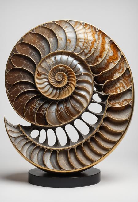 An enigmatic sculpture blending a petrified nautilus with a golden spiral, showcasing a Fibonacci-patterned, fossilized shell. Photographed using macro photography and cross-polarized light, inspired by the sacred geometries of nature.
 <lora:grainy-v1:0.7>
