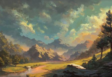 score_9, score_8_up, score_7_up, score_6_up, score_5_up, score_4_up, detailed, vector art, thick lines, oil painting, vibrant, colorful, candy pink, scarlet red, orange, smooth coloring, nature, landscape, stone pillars, long wild trees, moody streaks sky, natural lighting, river, reflections, best composition, background