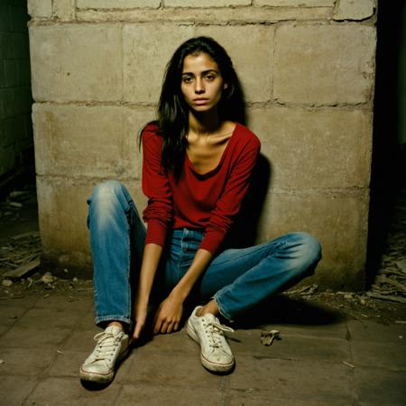 RAW full body analogue photo of a beautiful 20 years old woman, ,__Random_Woman__,well-shot, grainy, amateurish photo of an skinny, busty woman sitting on an old basement floor and looking up. She an elegant, slim face,  She is wearing a worm, dirty, red shirt and worn, ripped jeans. She is unwashed, very dirty and grimy. She looks unhappily at the camera pleading.  The spooky basement is dimly lit and very dirty. eerie, interesting, natural, film grain. ,low light, soft natural light, Rembrandt style light, Hasselblad DLSR camera, 200mm Zeiss lens, f/2.8 ,Sexy pose, erotic pose, eshibitionism