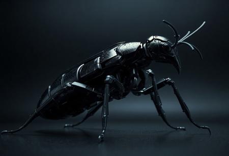 "A hyperdetailed cinematic rendering of a mechanical grimdark evil insect, rendered in Unreal Engine 5. The insect is composed of dark, robust metal, with elongated, tapered body segments reminiscent of a real insect. Its legs and antennae are a lighter color, made of a contrasting material like plastic or rubber, adding realism and visual interest. The insect is oriented towards the right side of the image, poised for movement against a black background, emphasizing its dominance. The design is intricate, with visible joints and segments that mimic the structure of a real insect, showcasing handcrafted precision and lifelike details. Rendered in 4K HDR, with sharp lines, stunning colors, and harmonious tones. The composition is impeccable, with captivating lighting, balanced editing, and a creative angle, trending on ArtStation, CGSociety, Behance, and Pinterest. Inspired by the styles of Raphael, Houdini, and Grammer Effect, with vivid emotions and a powerful message. The mechanical insect’s design evokes a sense of industrial menace and futuristic intrigue, making it a striking focal point in the image."
