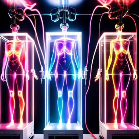 photo, scifi photonic cloning equipment, human bod forms from vibrant (colored glowing smoke:1), hi tech machine rack (photoniccloning style:1)  <lora:djzPhotonicCloning:0.8>