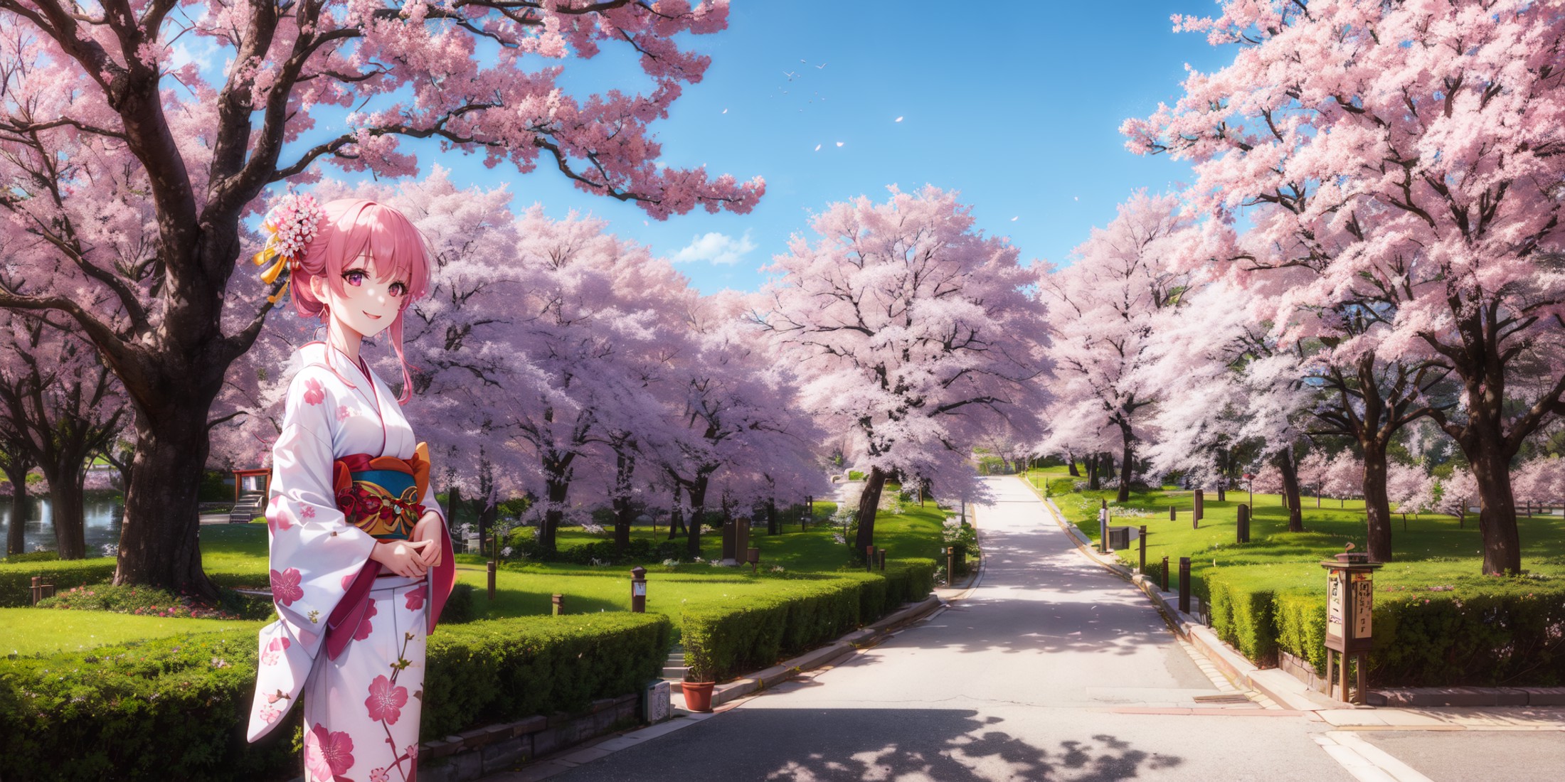 absurdres, highres, best quality, 1girl, cherry blossoms, day, happy, Japan, kimono, long hair, looking at viewer, nature,...