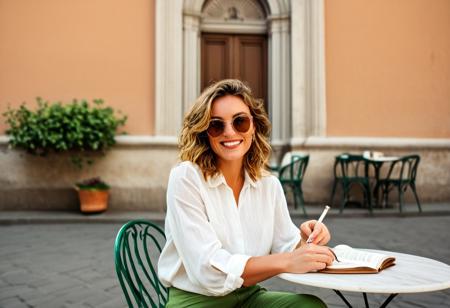 A meticulously detailed, hyper-realistic portrait of a Olivia, in her 35 years old ,with sun-kissed skin, bright green eyes, and a radiant smile. Her wavy, short light brown hair is casually tousled, framing her naturally beautiful face. natural textured skin, subtle wrinkles,sitting at a charming outdoor café in Florence, Italy. Her bright green eyes reflect the golden afternoon light as she enjoys a quiet moment, sipping an espresso from a delicate ceramic cup. She wears an elegant yet casual outfit—beige high-waisted trousers and a soft white linen blouse with the sleeves rolled up. A pair of stylish sunglasses rests on the table beside a leather notebook, a fountain pen, and a half-eaten cornetto.
The café’s round marble-topped tables and wrought-iron chairs sit on the warm, sunlit pavement, with terracotta buildings and blooming bougainvillea in the background. The iconic dome of the Florence Cathedral (Duomo di Firenze) rises in the distance, partially framed by rustic shutters and hanging flower baskets. Soft chatter in Italian, the distant melody of a street musician playing a violin, and the rhythmic clinking of coffee cups create an authentic Florentine atmosphere.