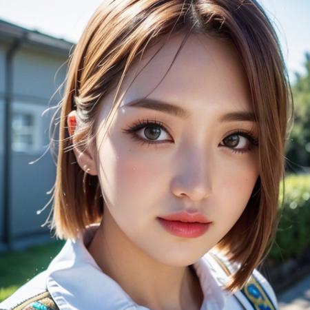 8k,hdr, beautiful, cute, masterpiece, (best quality:1.5), (realistic:1.5),(photorealistic:1.5),ultra detailed, detailed face, realistic face, (realistic skin:1.37), (intricate:1.5), woman, solo, blunt bangs, pale skin, (close-up photo:1), portrait photo, perfect lighting, (school uniform), (thigh high),(class room), (small breast:1.2), slim, slender, natural makeup, 