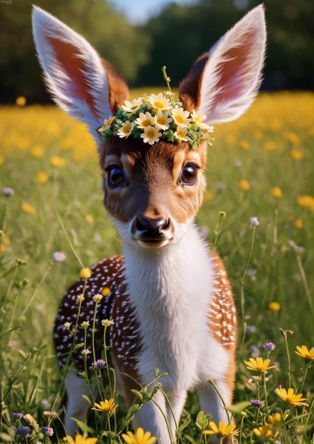 photo of a cute little baby deer surrounded by beautiful flowers in a meadow, 8k resolution concept art( intricate details:1.2), beautiful eyes, sunlight, (high quality:1.2), trending on artstation, 8k, absurdres, chibi, extremely detailed fur,(close up:1.1)