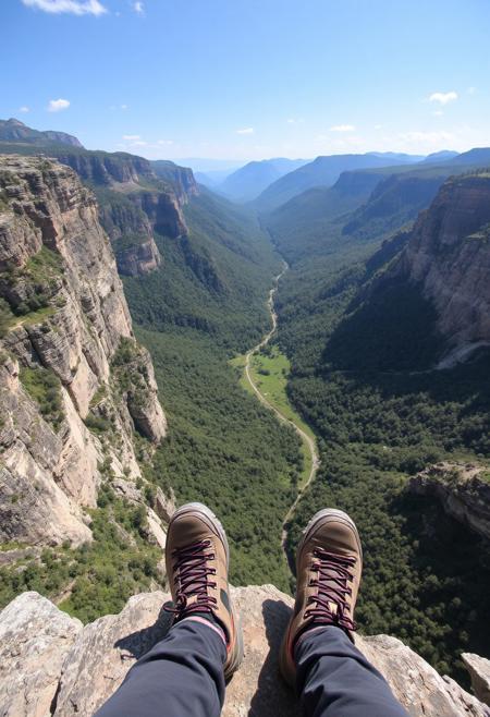 A vertigo inducing view down from the edge of a cliff down on a lush valley, the feet of the photgrapher are visible standing right on the edge. The photographer is wearing hiking boots.