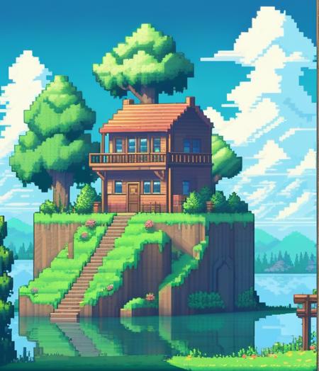 pixel art, tree, outdoors, cloud, no humans, scenery, water, day, sky, house, grass, nature, window, blue sky, building, reflection, forest, stairs, bird, bush, flower, door, plant
<lora:sdxl_pixel:0.65>