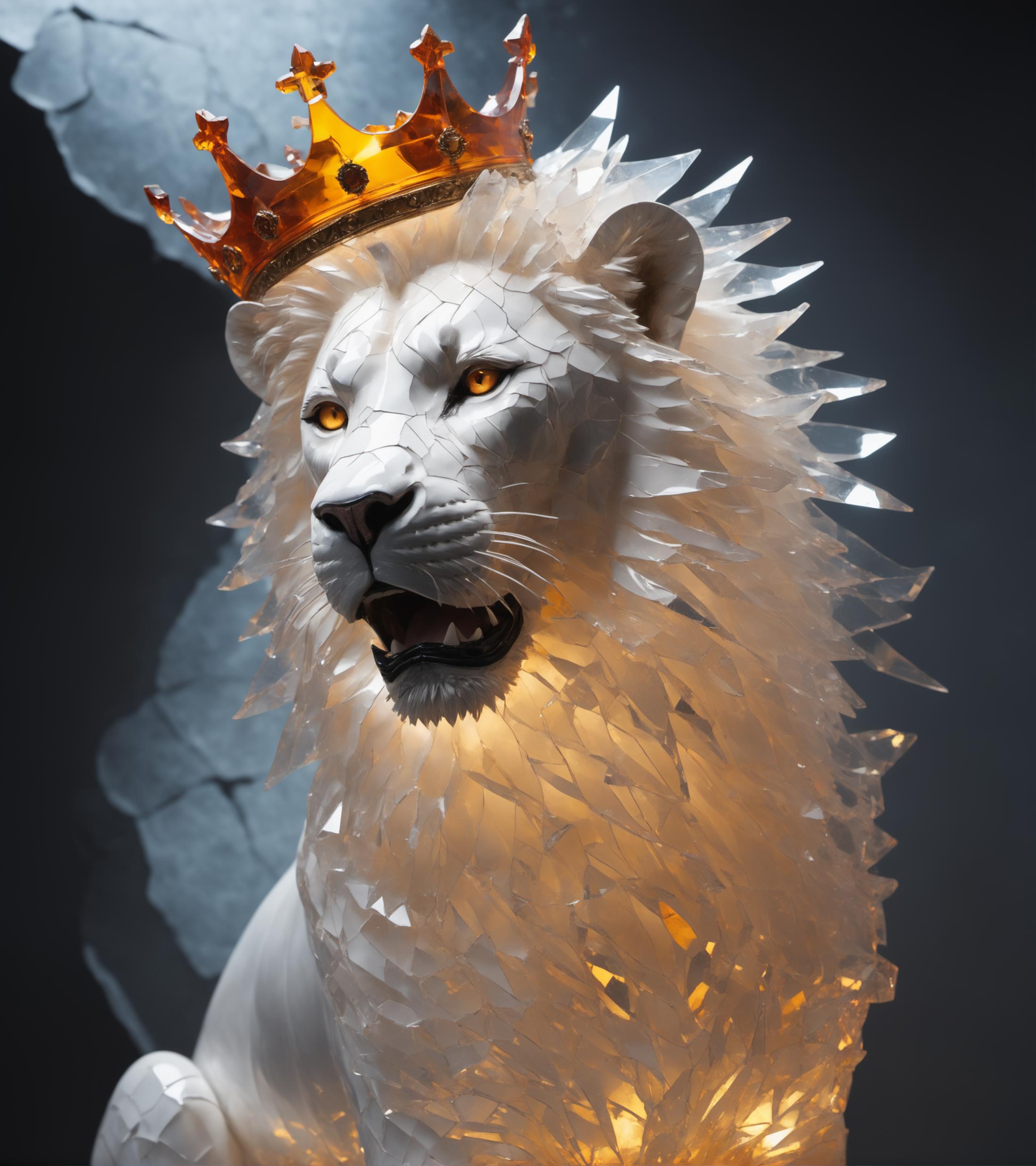 A life-size sculpture of a lion with a crown on its head.