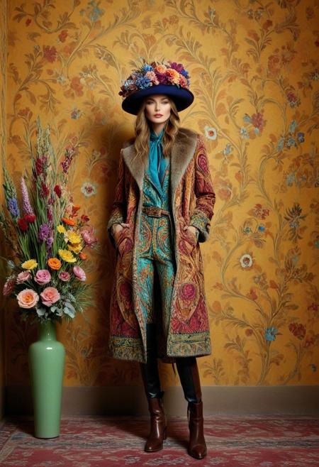 A model in an outfit with a long coat, fur hat, and boots in the style of Etro, posing against the backdrop of a wall painted with a textured pattern, surrounded by vases filled with flowers. The overall style is artistic and colorful, with patterns on the fabric, creating a unique visual effect. In her hands, she holds small bouquets of flowers. This photo was taken using a Canon EOS R5 camera.