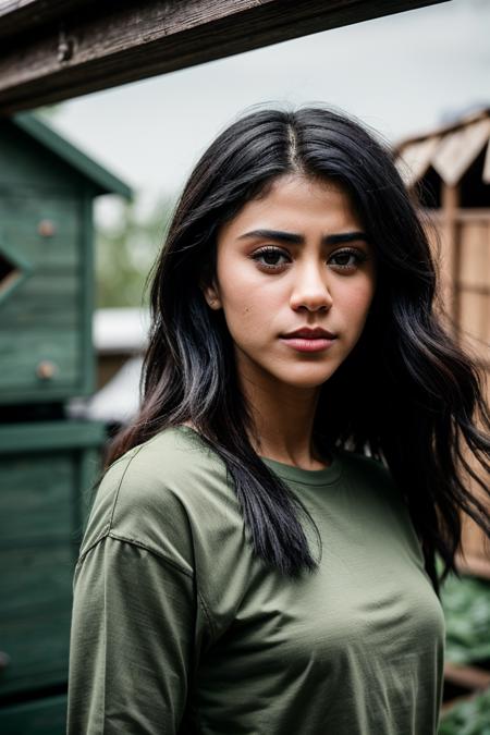 photo of (ju4n1t4m0l-135:0.99), a beautiful woman, perfect volumetric hair blowing in the wind, (modern photo, Sage Green pullover), closeup portrait, 85mm, (analog, cinematic, film grain:1.3), (chicken coop:1.2), detailed eyes, (seductive pose), (epicPhoto), (looking at viewer), (cinematic shot:1.3)