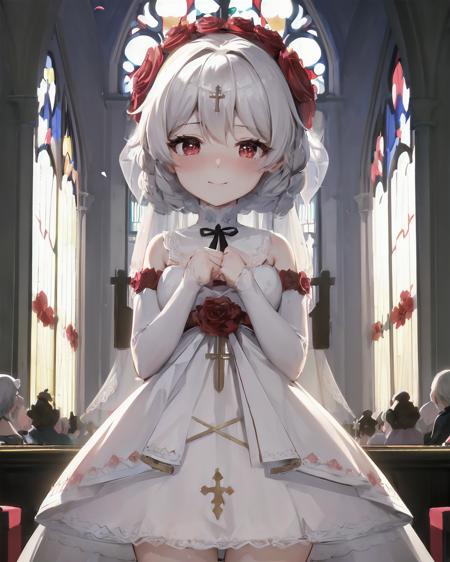 <lora:rosy_bridesmaid_m6:1>, rosy bridesmaid, (masterpiece, top quality, best quality, official art, beautiful and aesthetic:1.1), extreme detailed, colorful, 1girl, standing, cowboy shot, looking at viewer, blush, light smile, wedding dress, rose, indoors, church, stained glass, petals, holy, saint