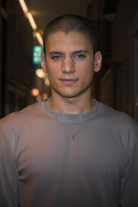 portrait, w3nm1l, handsome man, facial focus, looking at viewer, piercing eyes, handsome face, in an alleyway downtown at night, in a grey sweatshirt, amateur, candid