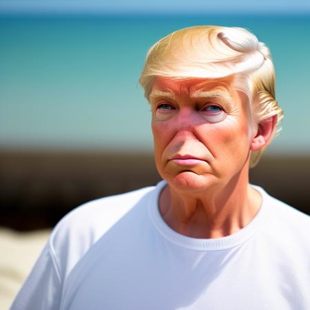 donald trump in a beach, (white hair)<lora:nose_remover-000033:0.9>, t-shirt