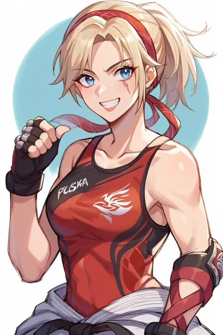 edgLidia,fingerless gloves,scar across one eye,ponytail,red hairband,black karate belt,clothes around waist,dougi,tank top