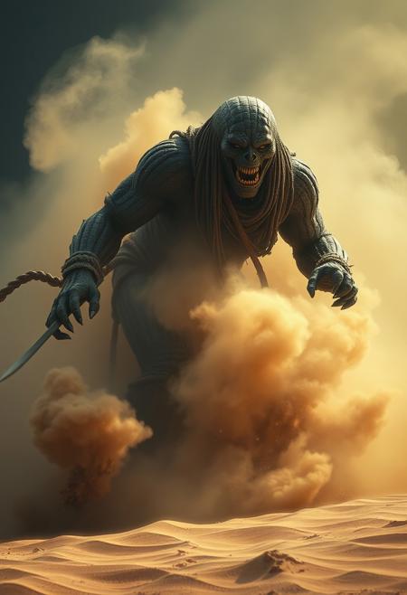 very dark focused flash photo, amazing quality, masterpiece, best quality, hyper detailed, ultra detailed, UHD, perfect anatomy, portrait, dof, hyper-realism, majestic, awesome, inspiring,Capture the thrilling showdown between the ancient mummy and the colossal sand boss in an epic battle amidst swirling dust and desert sands. Embrace the action and chaos as these formidable forces clash in the heart of the dunes. cinematic composition, soft shadows, national geographic styl very detailed, Shot in UHD