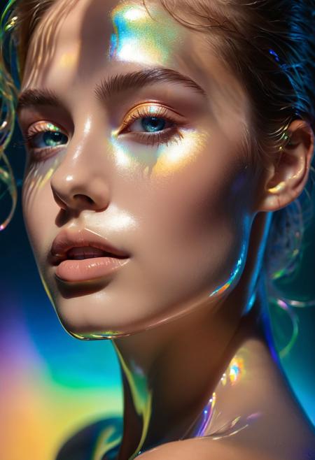 imagine naked 22yo walking toward camera through iridescent liquid glass as if glass would be liquid, extremely detailed, ultra-detailed, volumetric shadow, perfect facial details and perfect body line, backlit eyes, inner light, radiates light