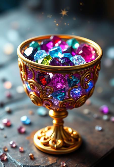 A hyper-stylistic, extremely detailed image depicts an enchanting goblet filled with shiny gems, reminiscent of a Pixar film. The goblet itself is a masterpiece of craftsmanship, with delicate, swirling patterns and a rim that shines like molten gold. The gems inside sparkle and glimmer, each one perfectly placed to create a dazzling display of color and light. Every detail of the scene is meticulously crafted, from the subtle, nuanced colors of the gems to the intricate, textured patterns on the goblet's surface. The overall effect is one of breathtaking, whimsical wonder, as if the viewer has stumbled upon a hidden treasure trove of magic and enchantment. The image is rendered in exquisite detail, with a level of quality that rivals the most beautiful and intricate works of art. highest-Quality, intricate details, visually stunning, Masterpiece