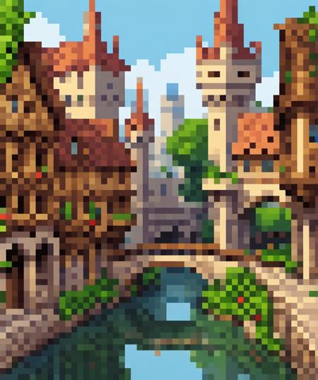 , <lora:PixelArtRedmond-Lite64:1> Pixel Art, PixArFK,      a grand capital city nestled in the heart of a magical realm inspired by Dungeons and Dragons. The city stands as a testament to both architectural splendor and mystical enchantments. The streets are bustling with life, filled with a diverse array of creatures, both human and fantastical, going about their daily routines. The buildings showcase a harmonious blend of traditional medieval design and whimsical magical enhancements. Ornate bridges span over flowing rivers and canals, connecting various districts of the city. Gardens and parks are interspersed throughout, teeming with vibrant, otherworldly flora and fauna. In the central square, a magnificent fountain serves as a gathering place, its waters sparkling with magical energies.