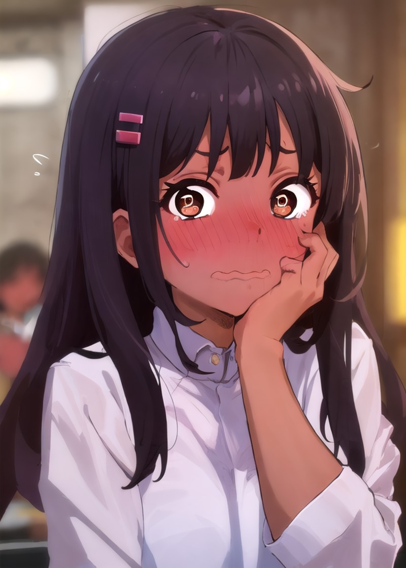embarrassed, 1girl, blush, wavy mouth, hair ornament, hairclip, solo, sweat, black hair, brown eyes, looking at viewer, bl...