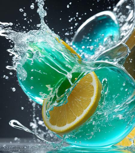 A perfect abstract, photorealistic, Food lemon , LIQUID SPLASH, 3D BEEPLE STYLE, 8 k, 32 k, HDR, realistic, liquid splashes, merging, melting, splashing, droplets, mixing, fading away, exploding, swirling, intricate detail, modelshoot style, dreamlikeart, dramatic lighting. 8k, highly detailed, trending artstation, Slpash