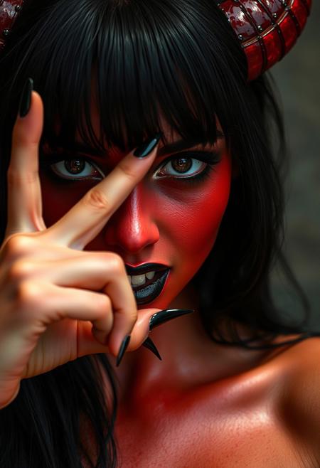 Portrait of a 36 year old beautiful bright red skinned  female with deep wet sweaty   Her face looks demonic although pretty . She jet black shiny hair with bangs , the hair that is styled to slightly resemble a succubus’s horns. Their skin is shiny blood red Their pupils are black onyx colored and look slightly inhuman teeth with elongated canines  , gloss black lipstick that looks moist and wet and is dripping blood . Sexy and sensual as if enticing the viewer with one hand becoming with a finger. Her long sharp fingernails are shiny onyx black