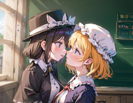 best quality, ultra high res, (photorealistic:1.4), 2girls, yuri, 
AND 2girls, usami renko, renko, school uniform, smile, standing, from side, kissing, close-up, <lora:renko:1>, black victorian hat, black capelet, white shirt, red tie, 
AND 2girls, maribel hearn, school uniform, frown, standing, from side, kissing, close-up,  <lora:maribel_hearn:0.7>, white soft hat, short wavy hair, blonde hair, purple dress, white collar,