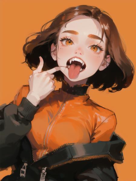 1girl, mouth pull, cute, looking at viewer, best quality, open mouth, orange background, large breasts, medium brown hair, medium hair, fangs, tongue out, tongue, teeth, finger in own mouth, <lora:mouth_pull_v2:1>