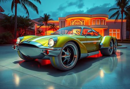 Sy meadconcept art, a futuristic chrome and steel 6 wheeled car , pop up headlights and concave rims, Chartreuse with white and gold stripes , retrofuturism, 1970s , miami sunset, in front of an art deco house , neon, background is aqua ,photorealistic , leica summilux , fuji velvia