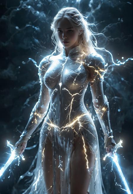 A magic sword knight,composed of elements of thunder,thunder,electricity,Her form is barely tangible,with a soft glow emanating from his gentle contours,The surroundings subtly distort through her ethereal presence,casting a dreamlike ambiance,<lora:é·åç´ -ç¹æ [SDXLç½æ£±Lora]_v1.0>,<lora:ç²å­æ°´è±XL:0.1>,<lora:XL_Weapon_Dual_Swords_-_By_HailoKnight:0.3>,white lightning,