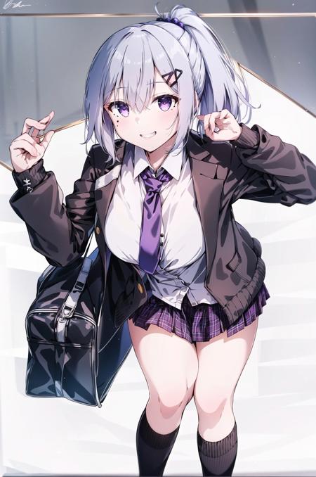 1girl, higuchi kaede, solo, virtual youtuber, long hair, mole under eye, mole, smile, purple eyes, skirt, ponytail, jacket, grin, bow, hair bow, very long hair, necktie, breasts, white bow, cardigan, open jacket, looking at viewer, open clothes, pleated skirt, grey hair, blazer, blush, school uniform, loafers, shoes, black jacket, purple necktie, socks, bangs, hair ornament, white background, shirt, hair between eyes, hairclip, brown cardigan, full body, bag, plaid, white socks, plaid skirt, leaning forward, simple background, black skirt, collared shirt, white shirt, large breasts, long sleeves, school bag, black footwear, signature, (masterpiece,best quality)