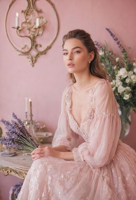 Imagine a whimsical photoshoot with a stunning model, showcasing her sexy and stylish outfits in a beautifully designed room with soft, pastel aesthetics, and a hint of pinkish tones. Captured with the Canon EOS R5 camera and the RF 50mm f/1.2L USM lens, this shoot exudes a romantic and dreamy atmosphere. The model, surrounded by pastel-hued walls, delicate furnishings, and soft lighting, becomes the embodiment of whimsical elegance. The wide aperture of the lens creates a shallow depth of field, blurring the background and adding a soft focus effect to enhance the overall dreamlike vibe. The pastel palette, with its soft pinks, lavenders, and creamy whites, complements the model's radiant beauty and the stylish outfits she dons. This shoot, with its subtle pinkish color grading and aesthetic appeal, captures the essence of fantasy and glamour, creating a unique and captivating series of portraits.