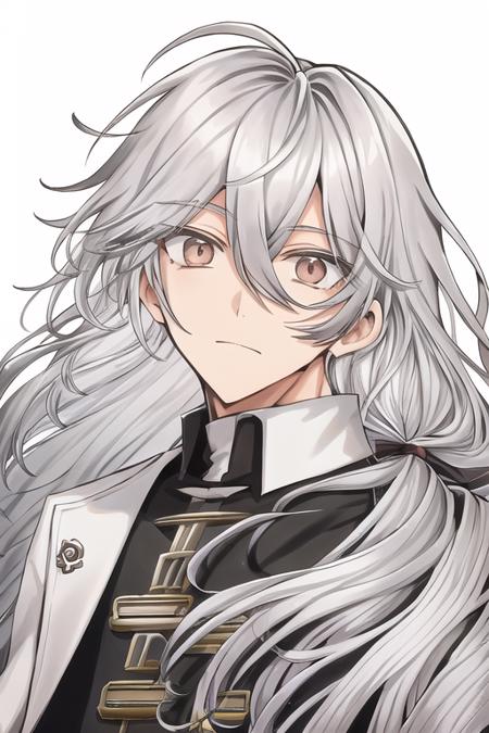 1boy,long hair, silver hair,grey eyes,red bow,   <lora:clamp-tsubasa-style-000004:1>