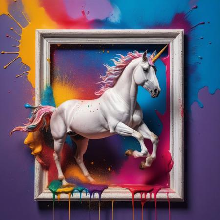 high detailed cinematic photo, breathtaking, a unicorn bursting through a picture frame, the painting is a splash of colorful paint, Jackson Polloc style, perfect lighting