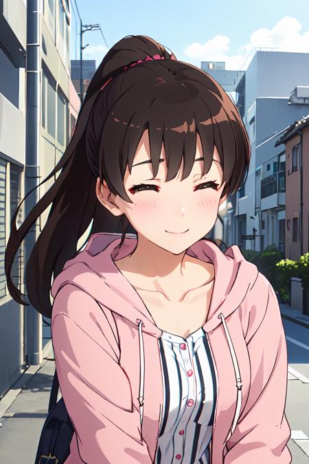 (masterpiece:1.6, best quality), (finely detailed beautiful eyes: 1.2),  ph_katou, katouhdshort, 1girl, katoush , solo, closed eyes, smile, ponytail, shirt, jacket, collarbone, open clothes, black hair, long hair, bangs, hoodie, brown hair, closed mouth, striped, white shirt, open jacket, hood down, blush, hooded jacket, facing viewer, pink jacket, ^_^, striped shirt, long sleeves, anime coloring
<lora:Katou_Megumi_FB_64:1>