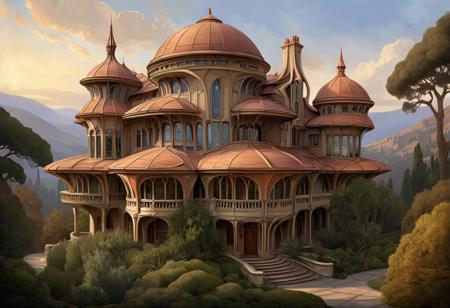 Art. digital painting, matte painting by Syd Dutton and Robert Stromberg. architecture blend of Geomantic Architecture and Organic Architecture, with elements of Art Nouveau.