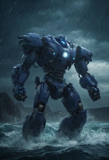 Pacific Rim Striker Eureka, Giant Mecha, Streamlined design, Fighting against monsters in the eye of a deep sea storm, in a thunderstorm, in a dark and lonely atmosphere,
very realistic photography