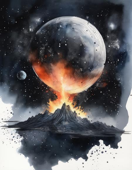 <lora:Aether_Watercolor_and_Ink_v1_SDXL_LoRA:1> a planet blowing up, watercolor, ink, sketch, cinematic, intricate, volumetric, black starry background in space