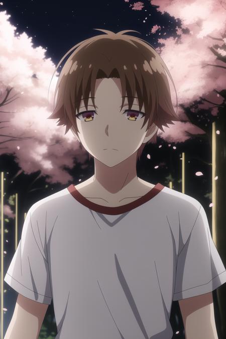 ayanokouji kiyotaka, 1boy, male focus, brown hair, brown eyes, outdoor, upper body, cherry blossom, spring, trees, leaves, movie lights, white short sleeved, black pants, ray tracing, blurred background, night