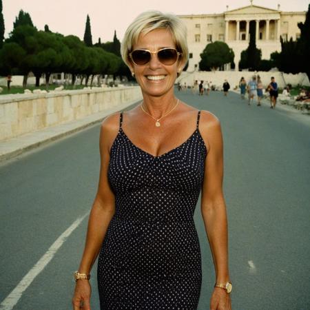 full shot, analog film photo Polaroid amateur, having fun, (70 years old:1.4), evil look, short blonde hair, sunglasses, simple dress, big cleavage,  background burning parliament of Greece, dd boobs, straight eyes, natural beauty, Vogue model, skinny body, pretty face, model, elegant, full body, fit female body, high detailed, perfect teeth, intense tanlines. (surprised:1.1) (short hair:1.2) (1golden watch:1.3), (perfecteyes:1.2), (brown eyes:1.1), found footage, reality, Kodak, grain, stained, full body shot, By bad artist