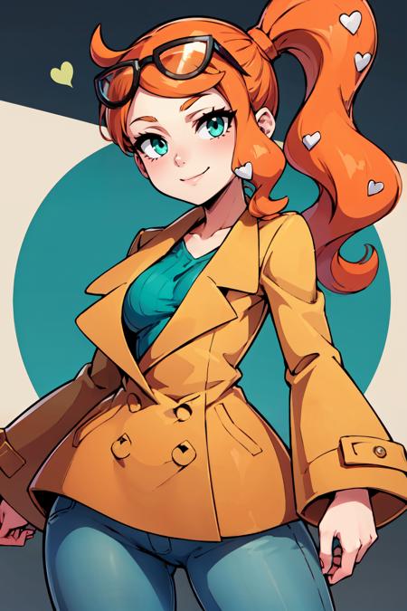 zzSonia, aqua eyes, orange hair, long hair, side ponytail, hair ornament, heart hair ornament,  zzSonia, aqua eyes, orange hair, long hair, side ponytail, hair ornament, heart hair ornament, eyewear on head, brown coat, green shirt, pants