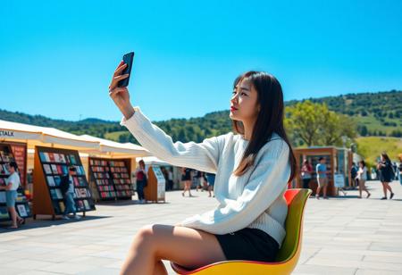 masterpiece, 8k, perfect ligthing, score_9, score_8_up, score_7_up, score_6_up, score_5_up, score_4_up, A young woman is sitting outdoors on a colorful modern chair in a sunny public space. She is wearing a white long-sleeve sweater and black shorts, holding her phone up to take a picture or video. In the background, there are several book displays, information booths, and other people casually strolling. The sky is clear and blue, with some greenery and hills visible in the distance. The setting gives off a lively and relaxed vibe, with a focus on reading and leisure activities."