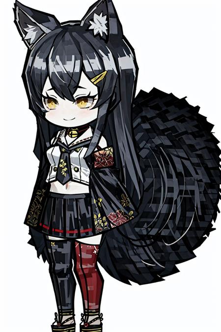 <lora:LibraryofRuina-fight:1>, 1girl, virtual youtuber, solo, animal ears, ookami mio, tail, wolf ears, black hair, thighhighs, long hair, wolf tail, multicolored hair, wolf girl, skirt, full body, detached sleeves, white background, tail around leg, streaked hair, hair ornament, red hair, looking at viewer, bell, white thighhighs, smile, simple background, tail wrap, red choker, animal ear fluff, black skirt, shimenawa, choker, yellow eyes, kouhaku nawa, tabi, rope, hairclip, standing, midriff, pleated skirt, closed mouth, sandals, necktie, miniskirt, jingle bell, zettai ryouiki, red necktie, sailor collar, blush, shirt, flipped hair, floral print