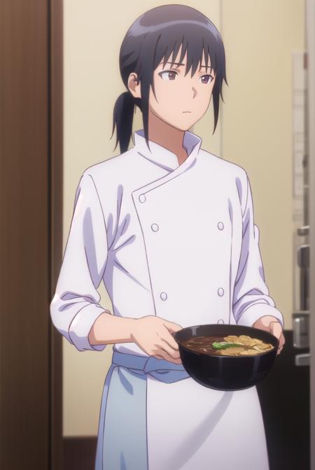 masahiro adachi, black hair, (brown eyes:1.3), ponytail, male focus, apron, chef,