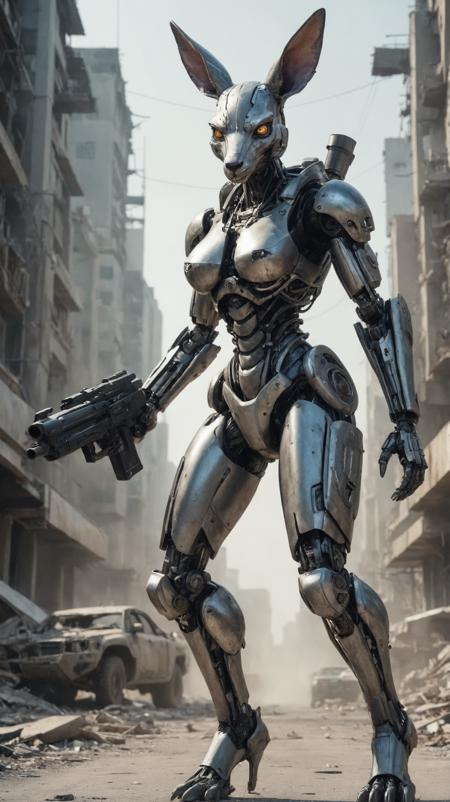 sexy giant anthropomorphic female terminator robot kangaroo rampaging through war-torn futuristic city, carrying (giant futuristic cannon:1.1), (wide hips:1.2), (narrow waist:1.1), (busty:1.3), kangaroo tail,