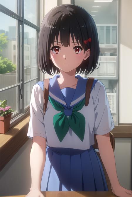 kanadehisaishi, <lora:kanade hisaishi movie-lora-nochekaiser:1>,
kanade hisaishi, short hair, bangs, black hair, (red eyes:1.3), bow, hair bow, red bow,
BREAK skirt, shirt, school uniform, white shirt, short sleeves, pleated skirt, serafuku, sailor collar, blue skirt, neckerchief, blue sailor collar, school bag, (green neckerchief:1.2), kitauji high school uniform,
BREAK indoors, classroom,
BREAK looking at viewer, (cowboy shot:1.5),
BREAK <lyco:GoodHands-beta2:1>, (masterpiece:1.2), best quality, high resolution, unity 8k wallpaper, (illustration:0.8), (beautiful detailed eyes:1.6), extremely detailed face, perfect lighting, extremely detailed CG, (perfect hands, perfect anatomy),