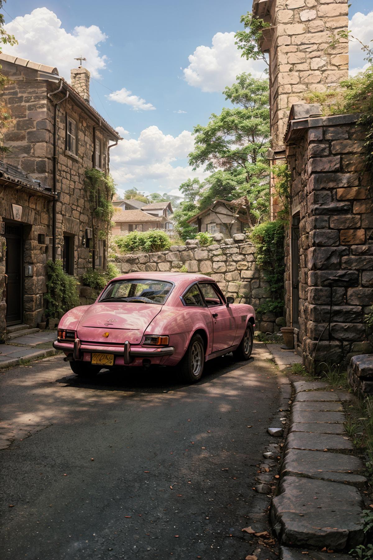 A pink sports car parked in an alleyway between stone buildings.