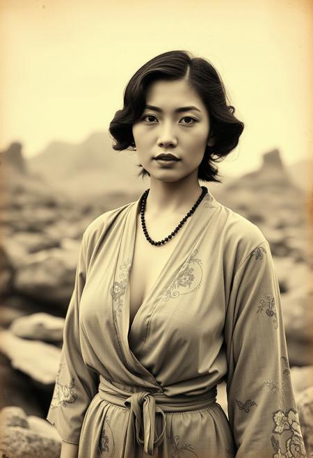 1920s black and white, sepia, vintage camera photograph featuring a photograph of a Chinese woman in her early 20s with 1920s hair and makeup. She wears a kimono slightly open. She is facing the viewer. She has natural extremely large soft breasts which naturally sag. She has an hourglass figure, wide hips, narrow waits, large bust. Behind her is a Western landscape, rugged, sparse, rocky.
